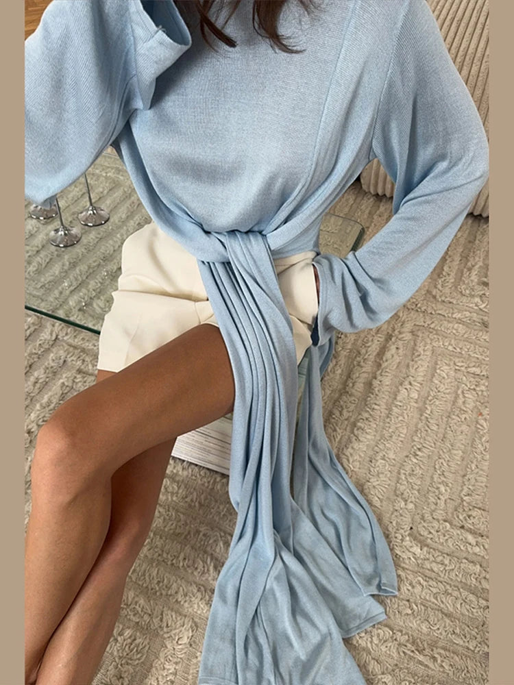 Chic Bow Lace Up Solid Sweater For Women Ribbons O-neck Full Flare Sleeve Tops 2025 Autumn Elegant Female Daily Casual Outerwear