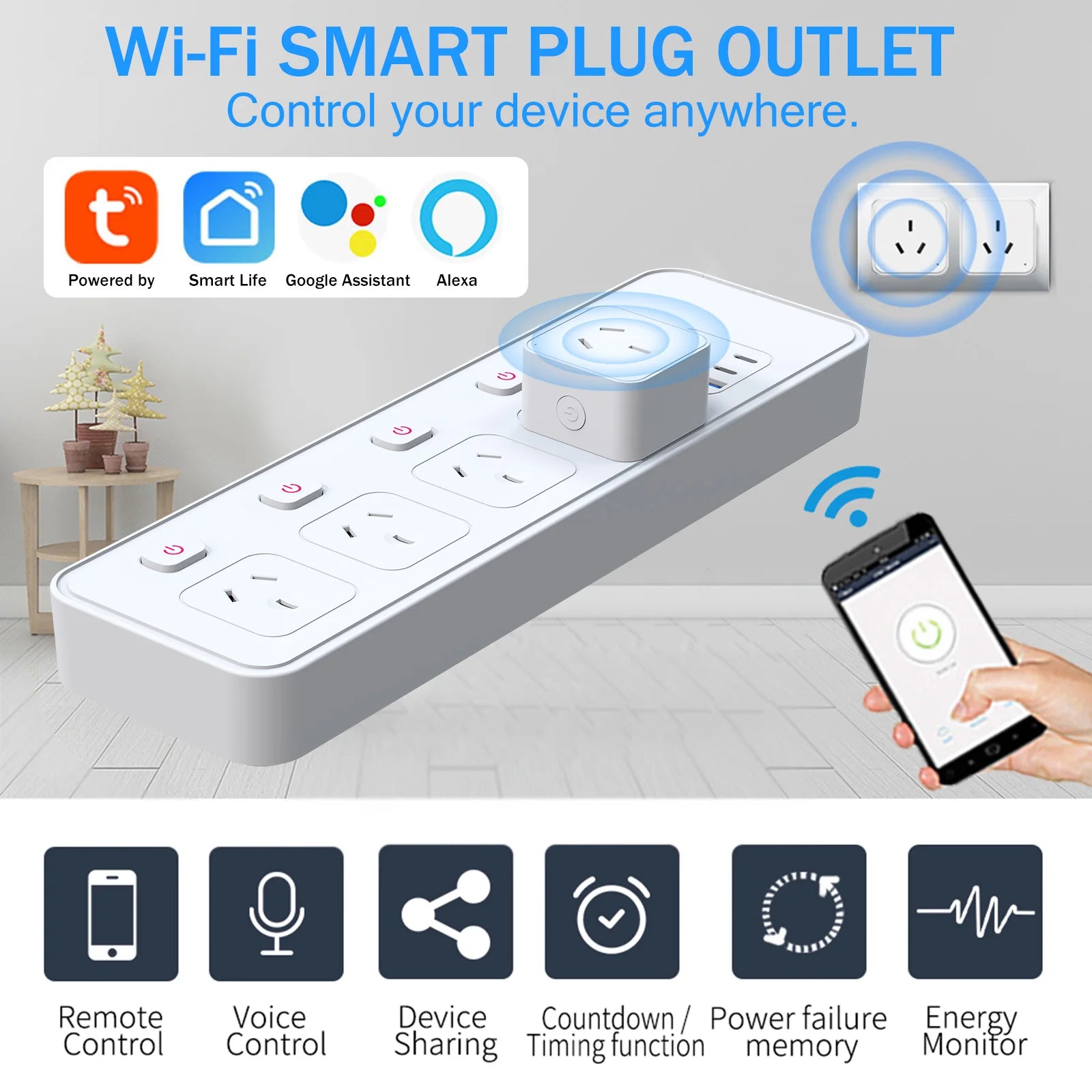 AU smart WiFi plug and socket, with energy monitor, voice control Alexa/ Google, remote control and timer 2.4GH 16A