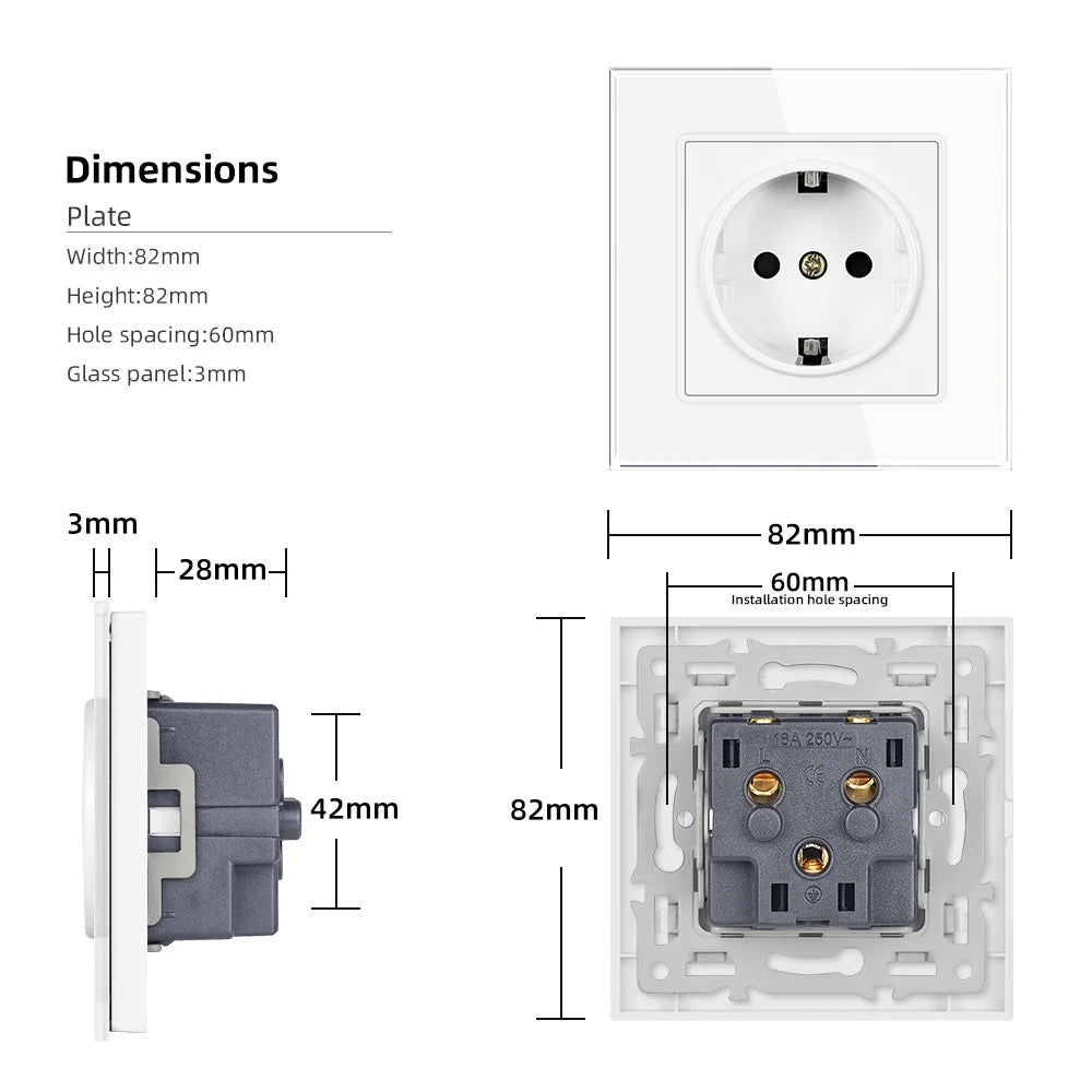 SRAN EU RU Wall Electrical Socket 16A 220V 82*82mm Tempered Glass Power Outlet Home Improvement White/Black