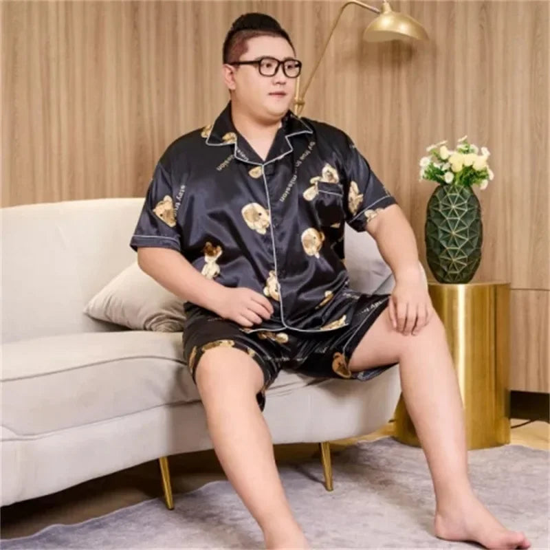 160kg 5XL Plus Size Satin Loose Loungewear Men Short Sleeve Ice Silk Pajama Button Down 2-Piece Pjs Set Sleepwear Home Clothes