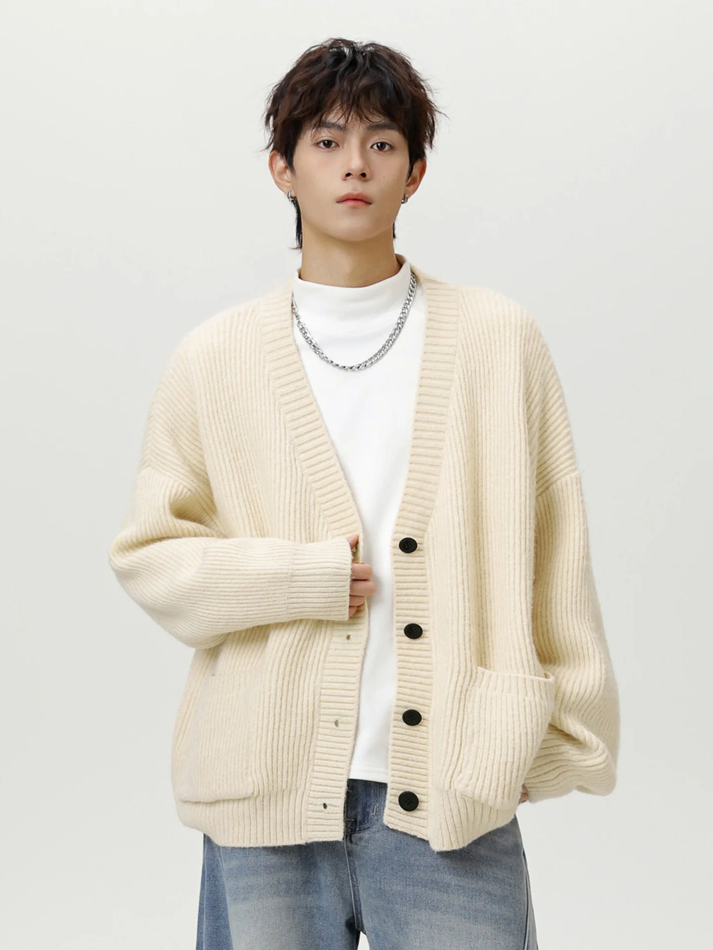 Thick Needle Texture Thickened Lazy Wind Cardigan Sweater Men's Autumn  Winter Keep Warm Retro Solid V-Neck Knit Sweater Jacket