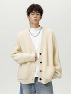 Thick Needle Texture Thickened Lazy Wind Cardigan Sweater Men's Autumn  Winter Keep Warm Retro Solid V-Neck Knit Sweater Jacket