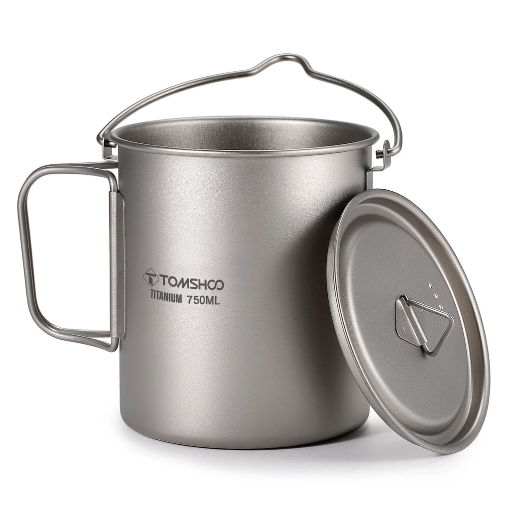 TOMSHOO Ultralight 750ml Titanium Pot Portable Titanium Water Mug Cup with Lid and Foldable Handle Outdoor Camping Cooking