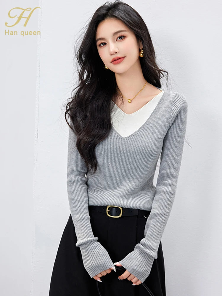 H Han Queen Autumn Winner Pullovers Sweaters Color Blocking Women Vintage Casual Tops Long Sleeve Knitwear Sweater