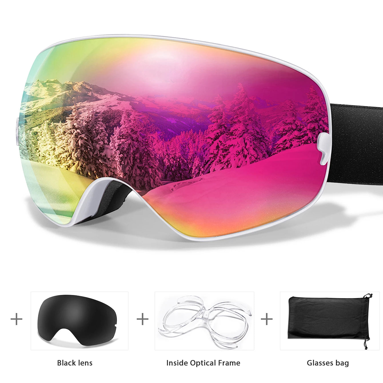 Ourdoor Sports Teen Men Women Ski Goggles-Anti-fog UV400 Eyewear, Christmas and New Year Gift, Free Black Lens and Optical Frame
