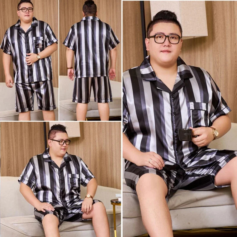 160kg 5XL Plus Size Satin Loose Loungewear Men Short Sleeve Ice Silk Pajama Button Down 2-Piece Pjs Set Sleepwear Home Clothes