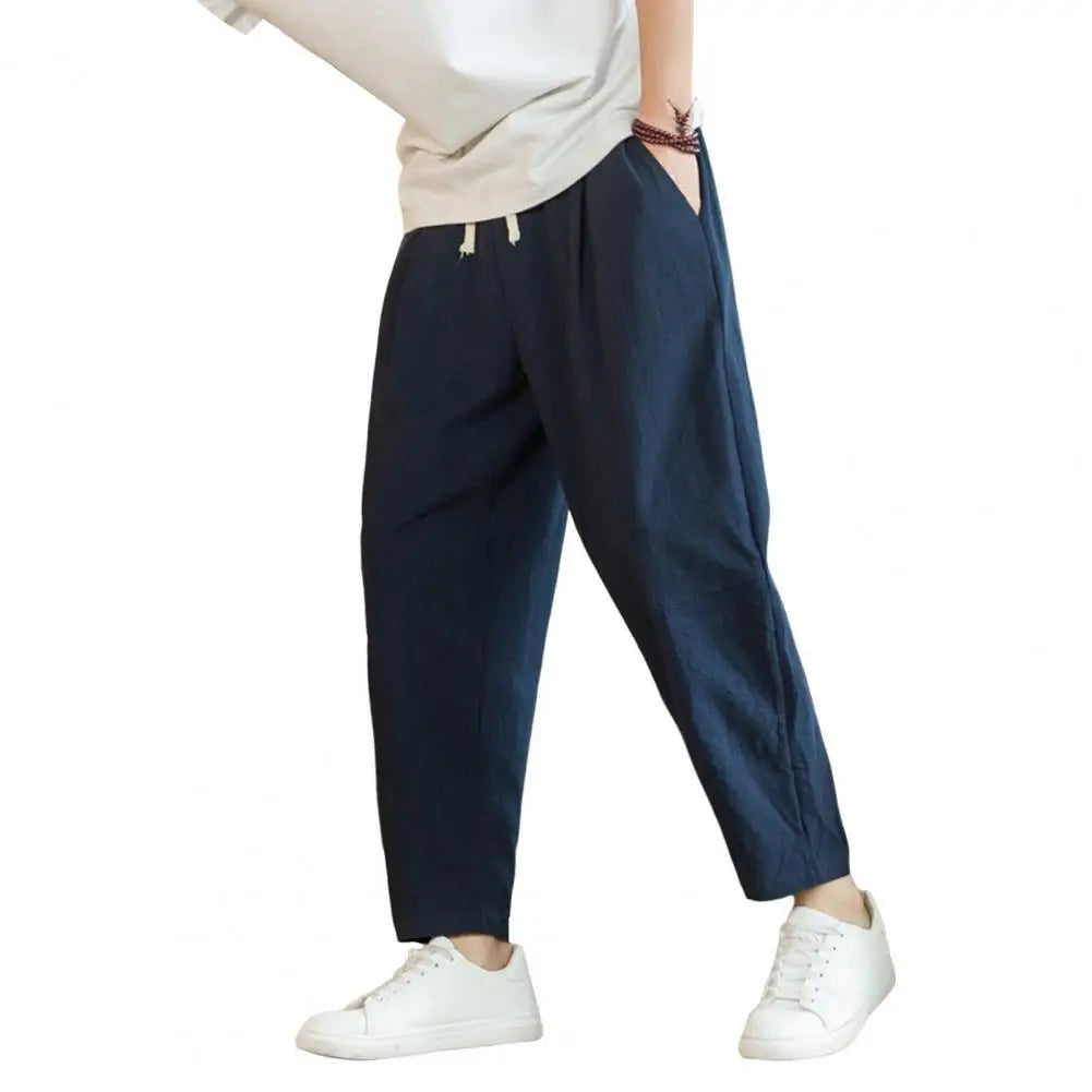 Men Cropped Trousers Men Casual Pants Men's Loose Straight Drawstring Ninth Pants with Elastic Waist Pockets Solid for Daily