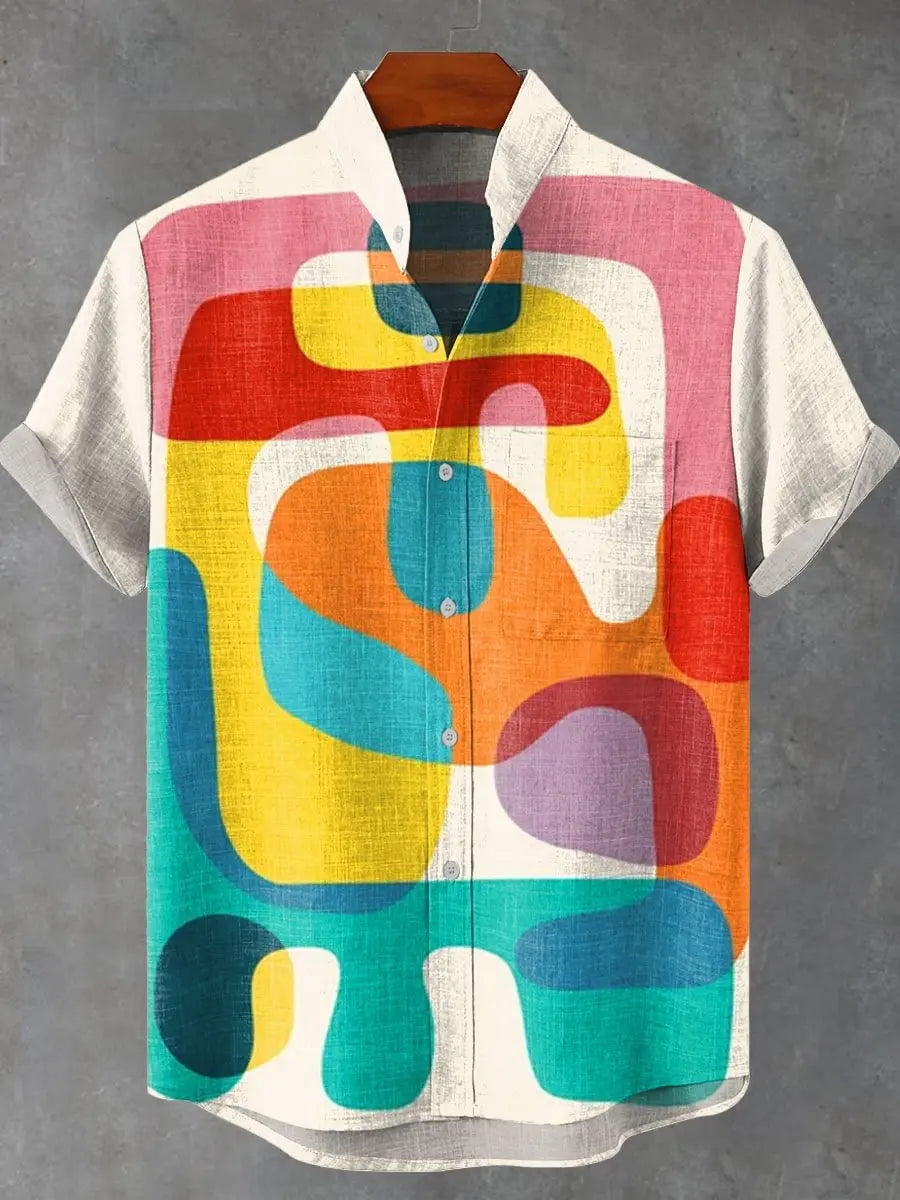 Men's summer casual fashion graffiti hip-hop style pattern linen short sleeved shirt high-quality button top