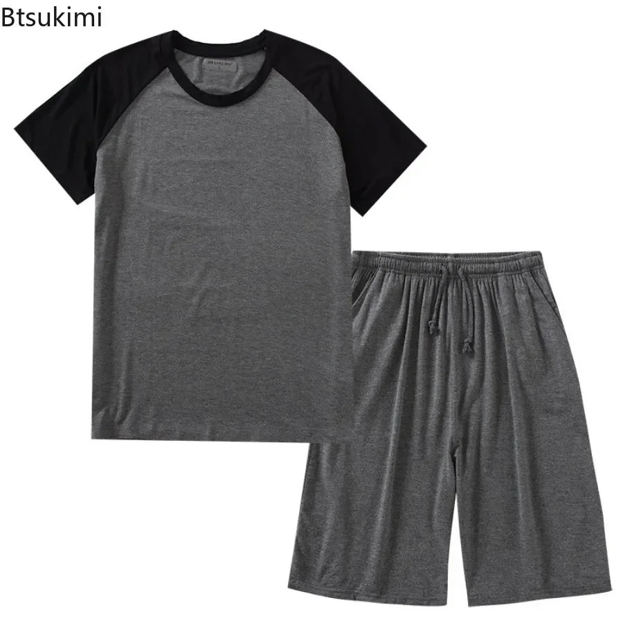 2025 Men's Summer Modal Pajama Sets O-neck Short Sleeve Tops and Short Pants Home Wear Man Loose Soft Colorblock Nightwear Sets