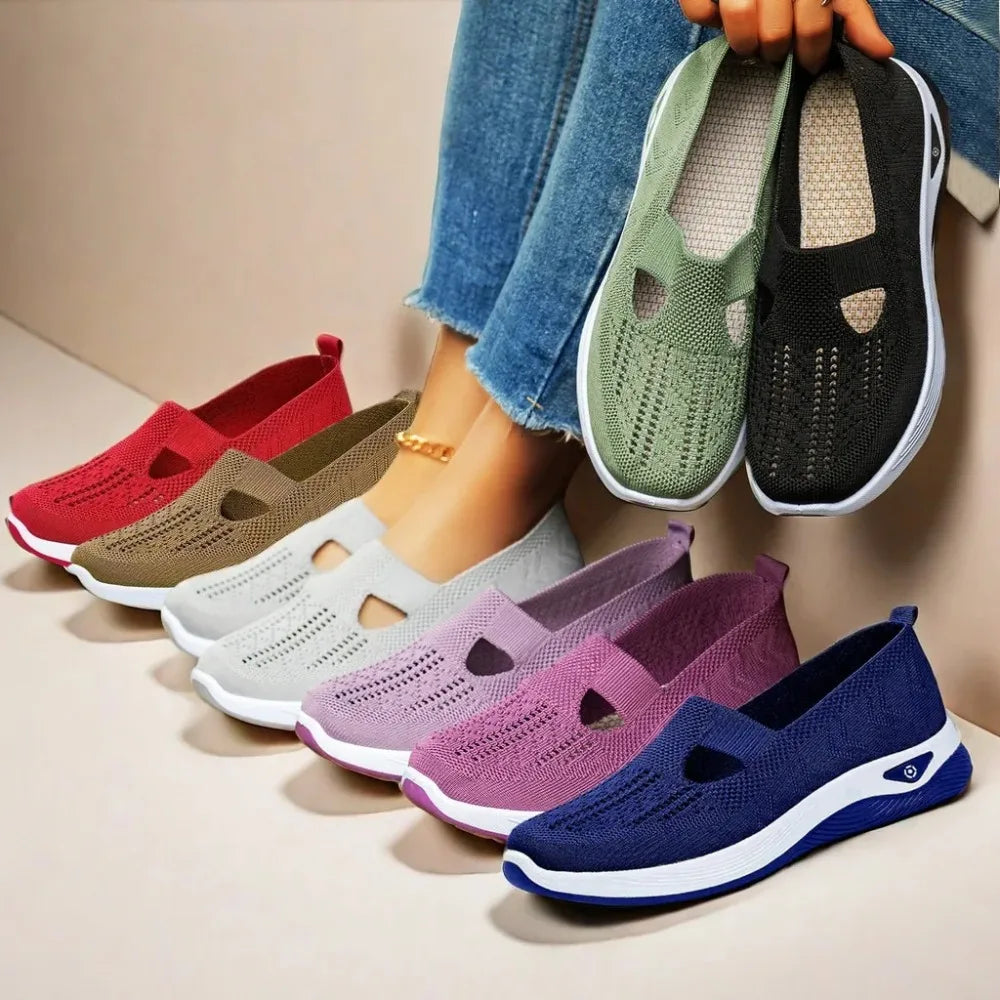 Breathable Womens Walking Shoes Soft Sole Anti Slip Knit Casual Sneakers Comfortable Summer Flats for Elderly Ladies