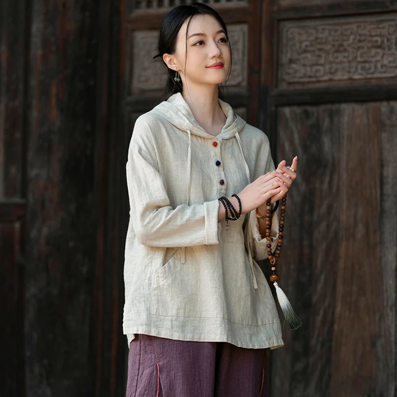 Women Cotton Linen Casual Hoodies New Arrival 2025 Autumn Vintage Style Plain Color Female Long Sleeve Hooded Pullovers M1838