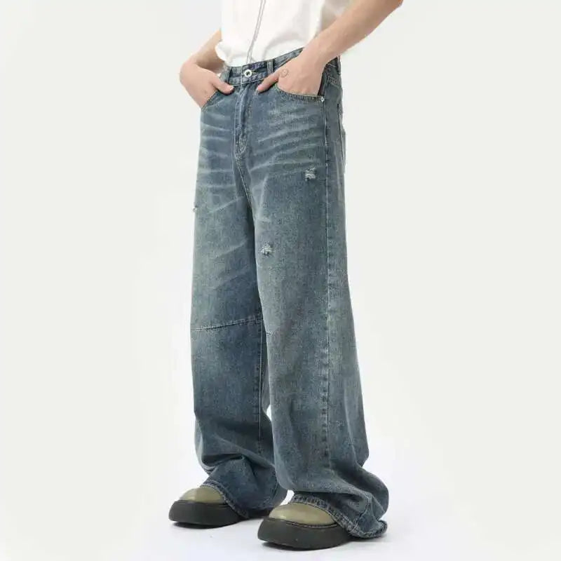 IEFB American Style Men's Denim Pants Washing Fashion Loose Men's Straight Trousers Casual Wide Leg Jeans New Summer 2024 9C6303