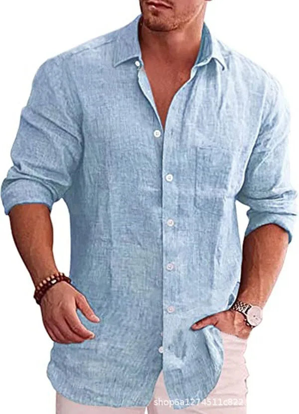 Casual Men Blouse Shirts Slim Turn Down Collar Long Sleeve Button Pocket Flax Business Tops NMD-6653