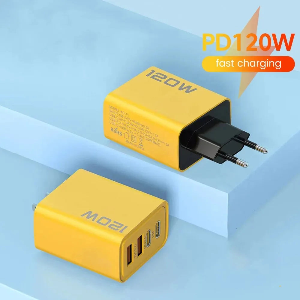 Total 120W 4 Port USB Type C Charger Fast Charging Data Cable USB Phone Charger Adapter for Samsung IPhone Xiaomi Wall Charger