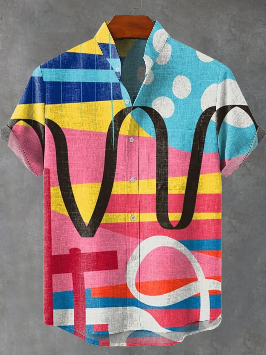 Men's summer casual fashion graffiti hip-hop style pattern linen short sleeved shirt high-quality button top