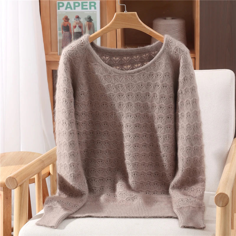 Chic Hollow Out O-Neck Women's Clothing Autumn Winter 100% Mink Cashmere Knitwear Female Autumn Winter Basic Pullover Sweater