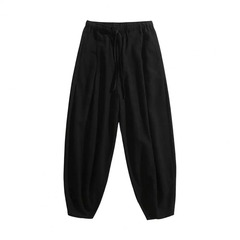 Men Cropped Trousers Men Casual Pants Men's Loose Straight Drawstring Ninth Pants with Elastic Waist Pockets Solid for Daily