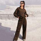 Women Fall Fashion Tracksuits Casual Long Sleeved Pullover Sets Two Piece Set Spring Solid Color Round Neck Pullover Pants Suits