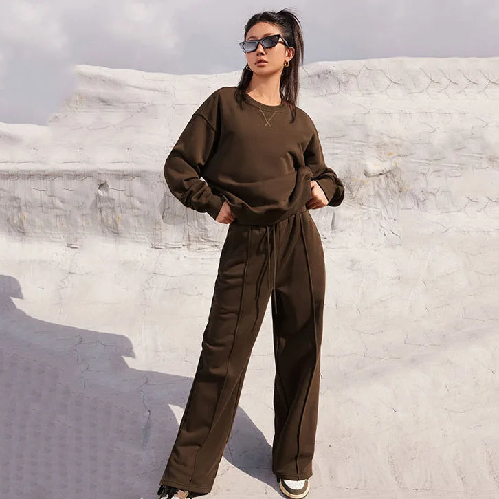 Women Fall Fashion Tracksuits Casual Long Sleeved Pullover Sets Two Piece Set Spring Solid Color Round Neck Pullover Pants Suits