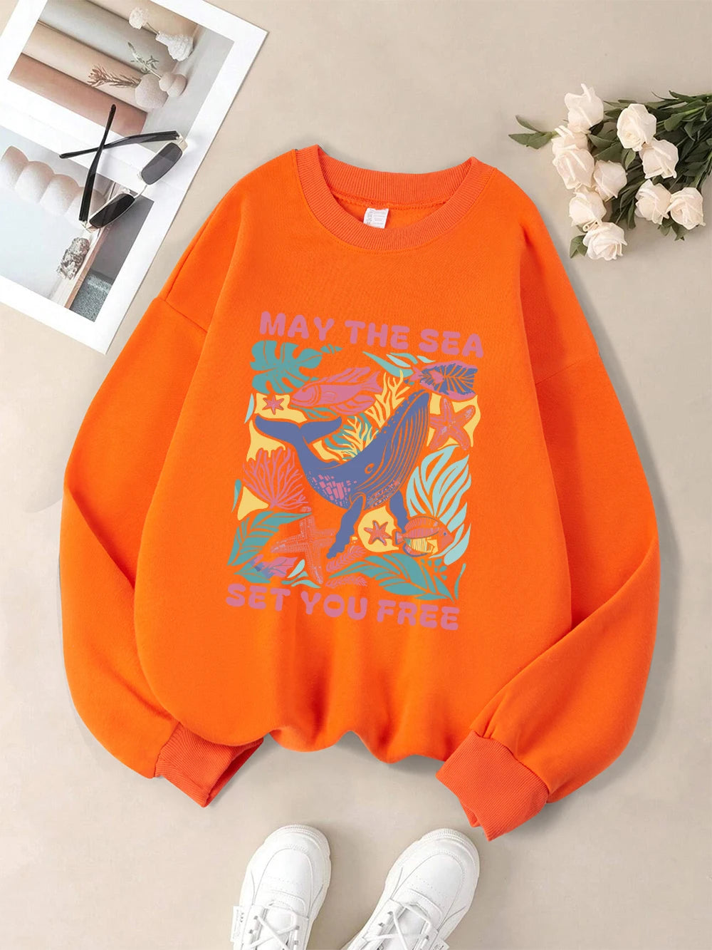 May The Sea Set You Free Printed Sweatshirts Womens Winter Fleece Warm Hoodies Crewneck Loose Pullover Basics Sporty Clothes
