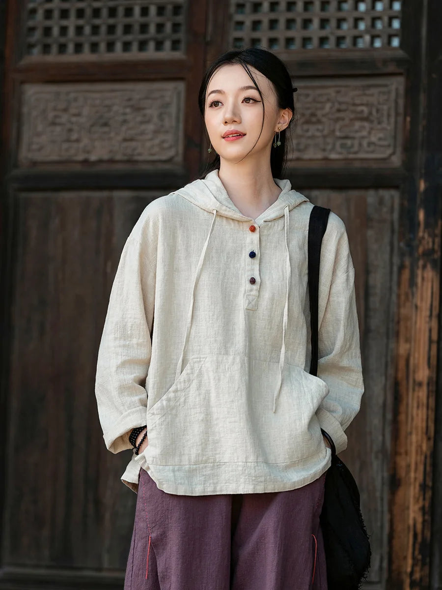 Women Cotton Linen Casual Hoodies New Arrival 2025 Autumn Vintage Style Plain Color Female Long Sleeve Hooded Pullovers M1838