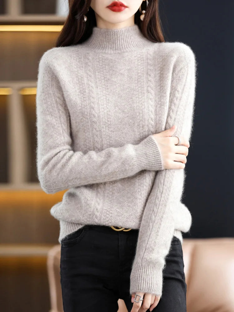 Chic Autumn Winter Soft Sophisticated Sweater Women's Mock Neck Pullover 100% Merino Wool Knitwear Solid Color Casual Tops