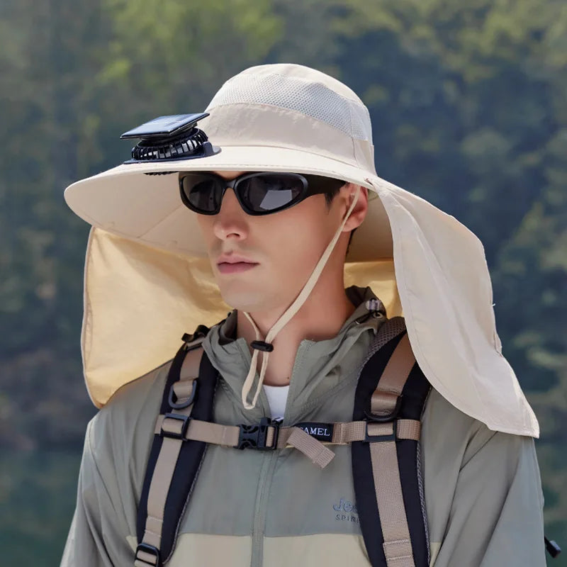Summer Solar Fan Sun Hat For Men Women Shawl Neck Protection Fisherman Hat Outdoor Fishing Travel Visor Large Brim Bucket Hat