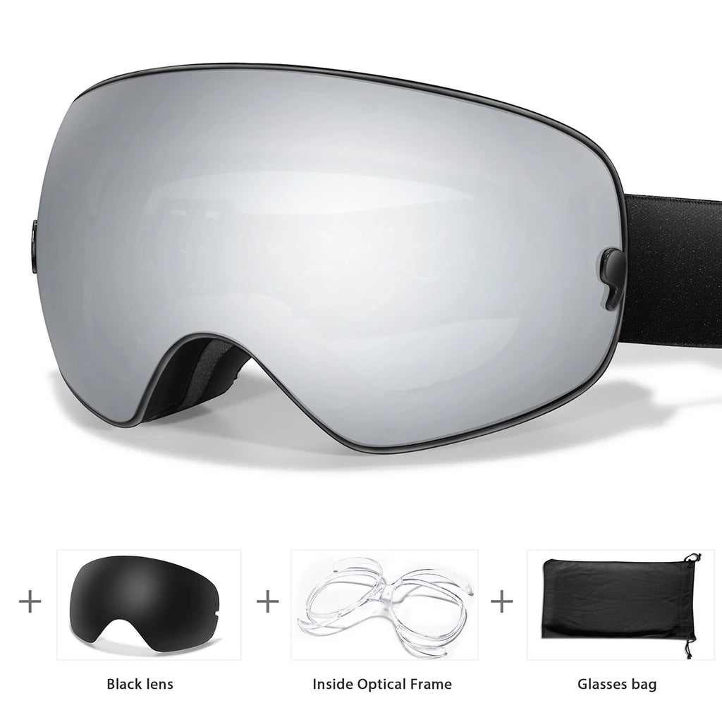 Ourdoor Sports Teen Men Women Ski Goggles-Anti-fog UV400 Eyewear, Christmas and New Year Gift, Free Black Lens and Optical Frame