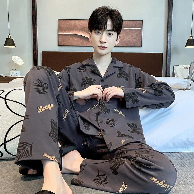 Pajamas Suit Men Pure Cotton Long-sleeved Striped Printed Cardigan Sleepwear Winter Soft Breathable Homewear Men Loungewear Set