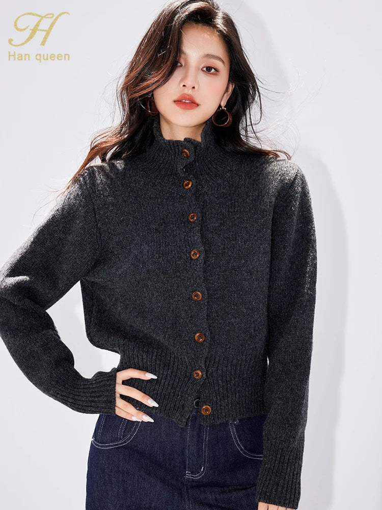 H Han Queen Winter Cardigan Sweater Thickened Warm Lazy Wind Soft Sticky Women's Fashion O-Neck Elastic Vintage Sweaters Tops