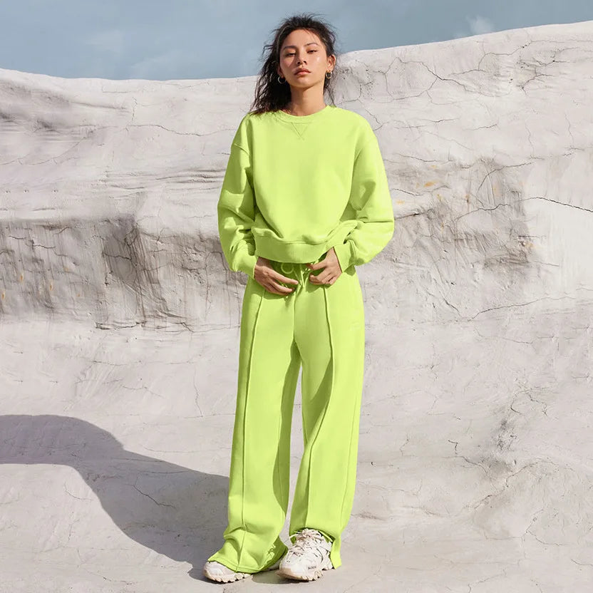 Women Fall Fashion Tracksuits Casual Long Sleeved Pullover Sets Two Piece Set Spring Solid Color Round Neck Pullover Pants Suits