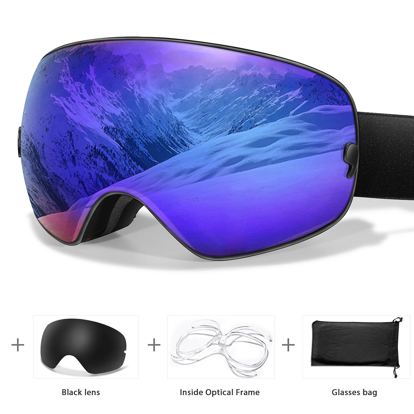 Ourdoor Sports Teen Men Women Ski Goggles-Anti-fog UV400 Eyewear, Christmas and New Year Gift, Free Black Lens and Optical Frame