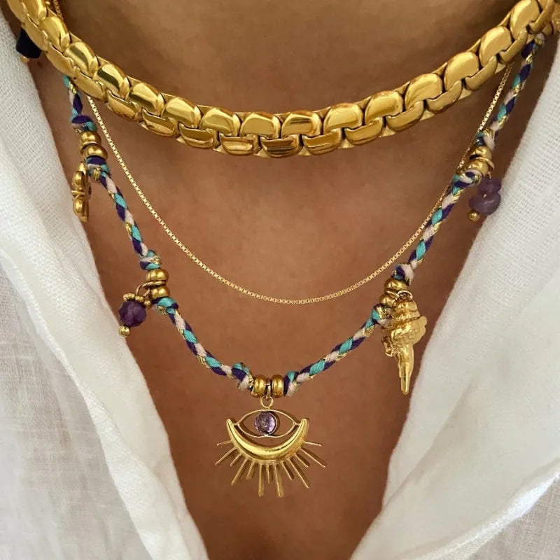 Miranda Fashion Rope Braided Handmade Necklace Drop Natural Stone Devil's Eye Heart Stainless Steel Accessories Popular Jewelry