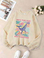 May The Sea Set You Free Printed Sweatshirts Womens Winter Fleece Warm Hoodies Crewneck Loose Pullover Basics Sporty Clothes