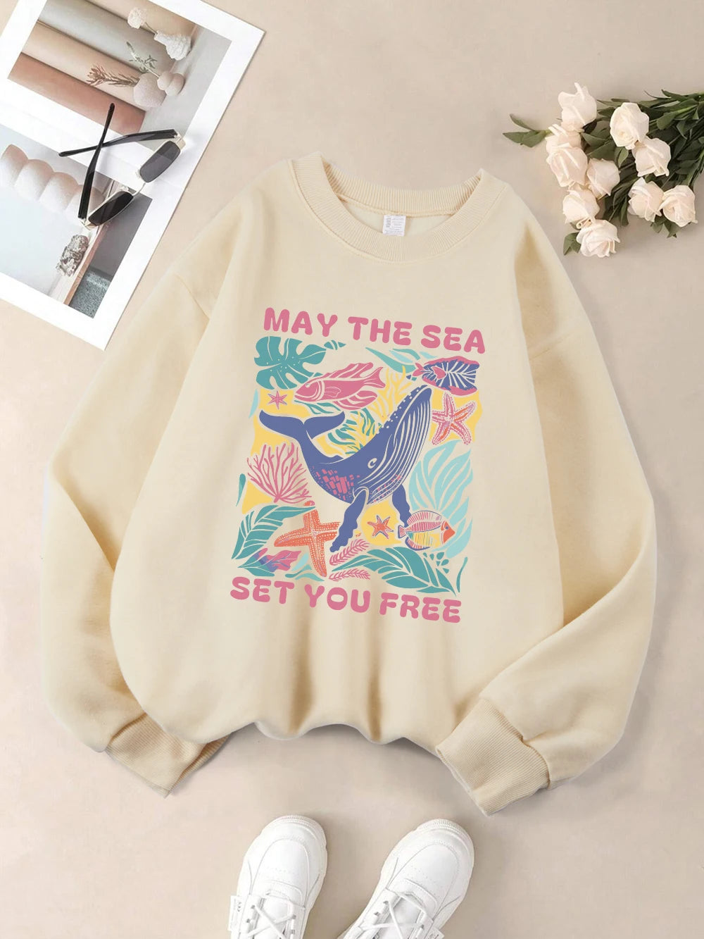 May The Sea Set You Free Printed Sweatshirts Womens Winter Fleece Warm Hoodies Crewneck Loose Pullover Basics Sporty Clothes