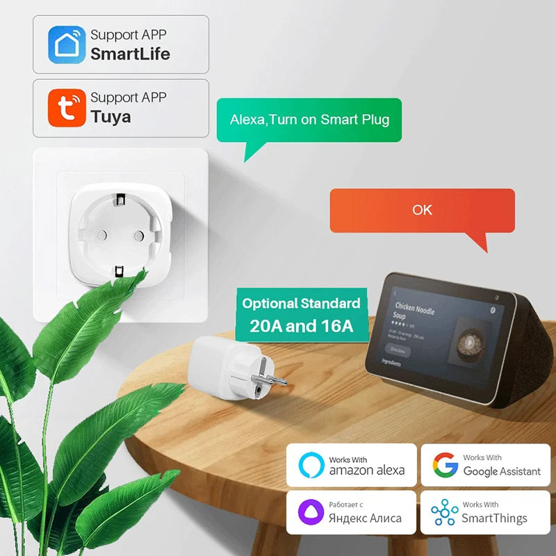 TUYA Smart Plug WiFi Socket EU 20A Power Monitor Timing Function Voice Control Work With Alexa Google Home Smart Life