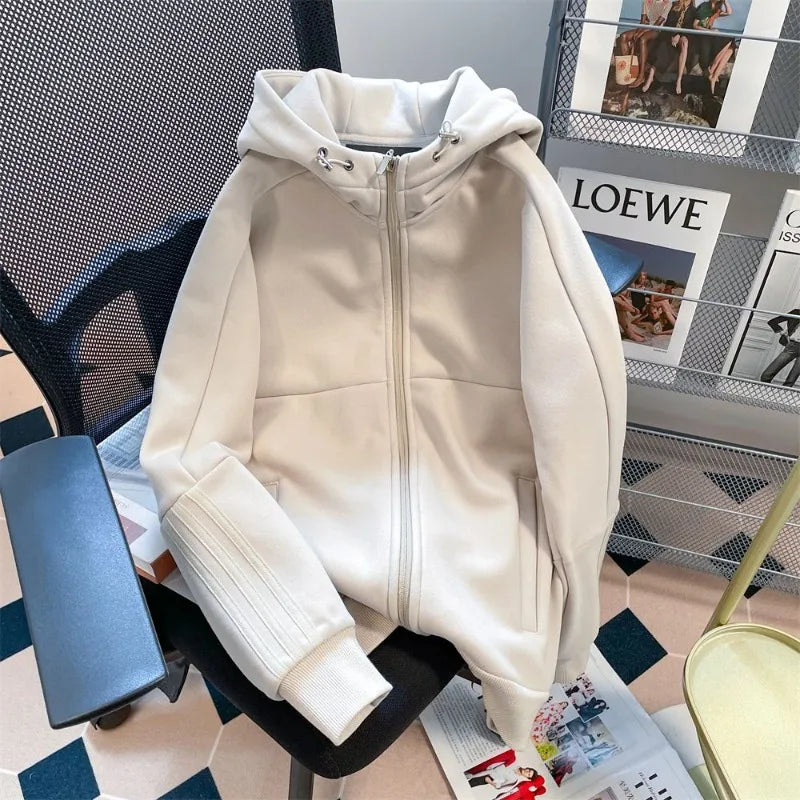 American Style Oversize Jacket Women Lazy Hooded Zipper Hoodies Autumn Winter Coat Female Long Sleeve Outerwear Zipper Cardigan