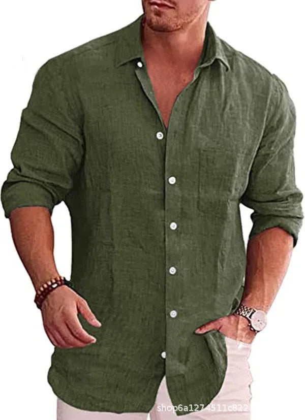 Casual Men Blouse Shirts Slim Turn Down Collar Long Sleeve Button Pocket Flax Business Tops NMD-6653