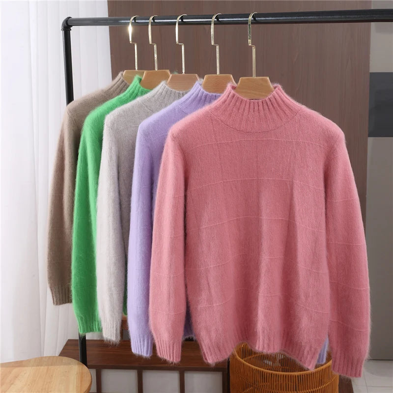 Pullover Warm Soft Sweater Casual Loose Women's Mock Neck Autumn Winter Long sleeves 100% Mink Cashmere Exquisite Clothing Tops