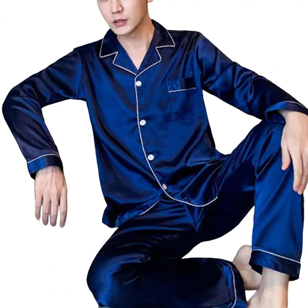 1 Set Men Sleepwear Solid Color Long Sleeved Single Breasted Home Wear Ice Silk Loose Plus Size Pajamas Set For Home