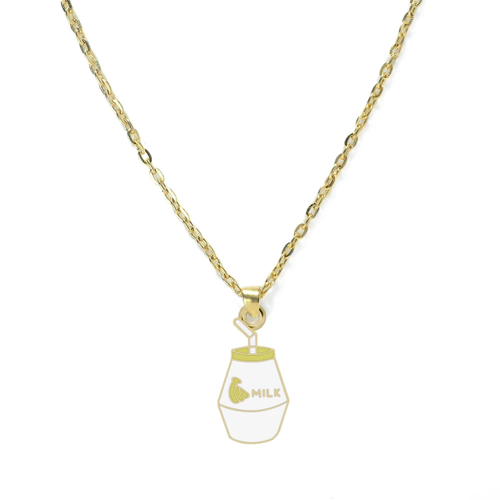 Cartoon Banana Milk Bottle Pendant Necklace with Lobster Clasp Protect Gold Silver Color Alloy Chain Jewelry Gift for Girl Women