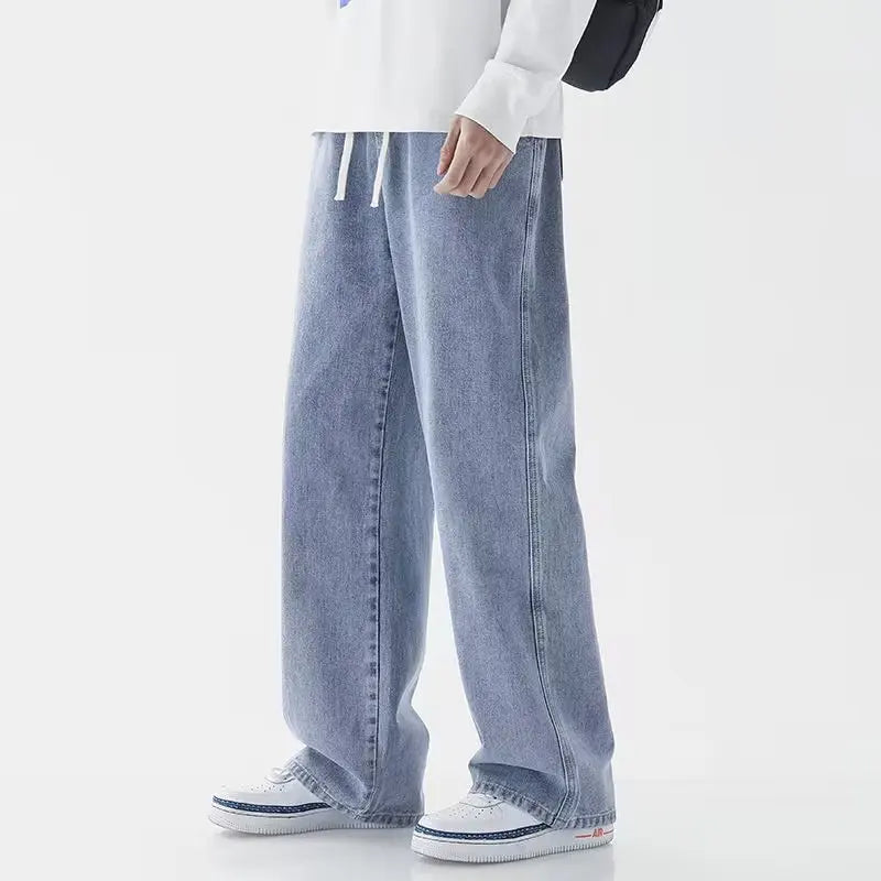 Fashion Men's Solid Color Drape Jeans Loose Straight Korean Vintage High Street Hip-hop Y2K Casual Daily Dragging Wide-leg Pants