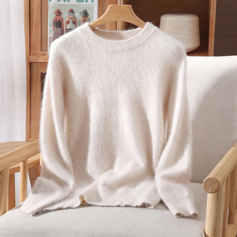 Women's 100% Mink Cashmere Sweater Crewneck Pullover Sweater Fleece Knitted Premium Clothing Winter Warm Long Sleeve Pullover
