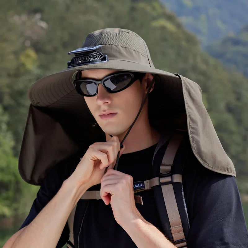 Summer Solar Fan Sun Hat For Men Women Shawl Neck Protection Fisherman Hat Outdoor Fishing Travel Visor Large Brim Bucket Hat