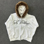 Y2k Gothic Punk Hip Hop Letter Print Faux Fur Collar Zip Up Hoodie Harajuku Aesthetic 2000s Hoodies Clothes Streetwear EMO Girl