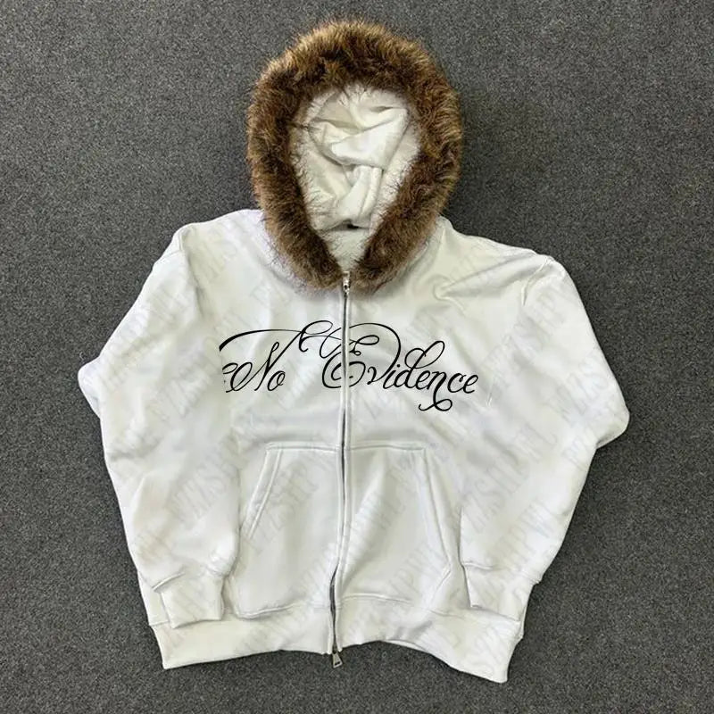 Y2k Gothic Punk Hip Hop Letter Print Faux Fur Collar Zip Up Hoodie Harajuku Aesthetic 2000s Hoodies Clothes Streetwear EMO Girl