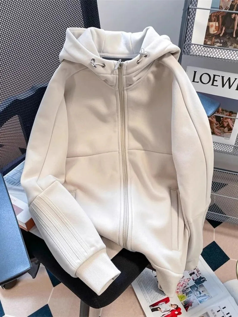 American Style Oversize Jacket Women Lazy Hooded Zipper Hoodies Autumn Winter Coat Female Long Sleeve Outerwear Zipper Cardigan