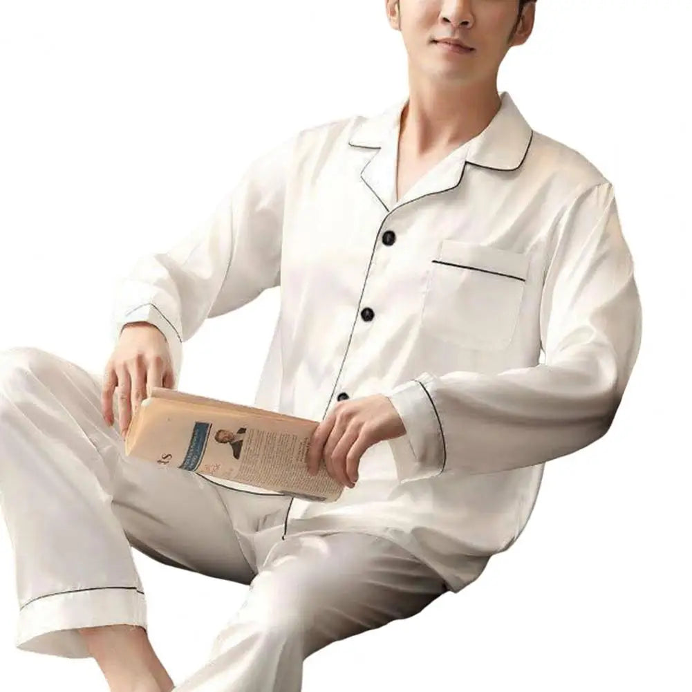 1 Set Men Sleepwear Solid Color Long Sleeved Single Breasted Home Wear Ice Silk Loose Plus Size Pajamas Set For Home