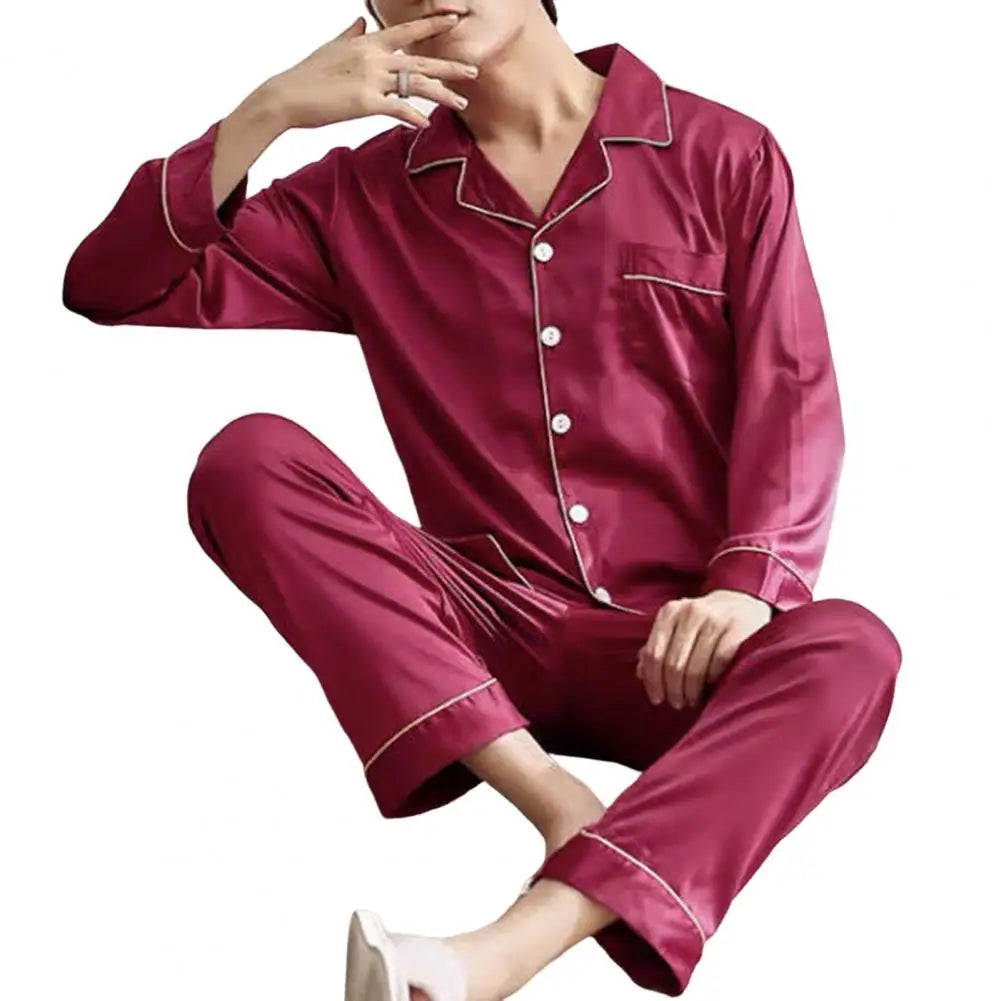 1 Set Men Sleepwear Solid Color Long Sleeved Single Breasted Home Wear Ice Silk Loose Plus Size Pajamas Set For Home
