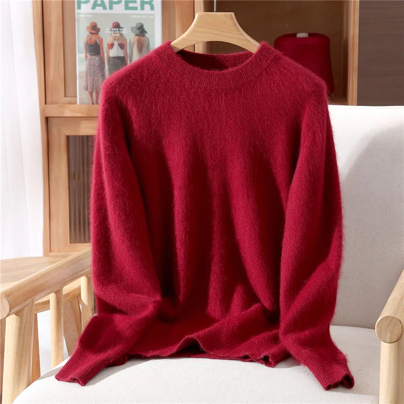 Women's 100% Mink Cashmere Sweater Crewneck Pullover Sweater Fleece Knitted Premium Clothing Winter Warm Long Sleeve Pullover